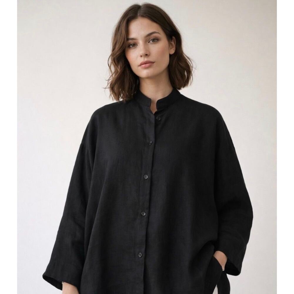 Eskandar‎ Textured Linen Button Front Mandarin Collar Tunic Top Black Size 1